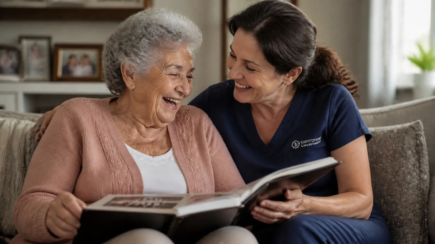 A caregiver providing warm, personalized companionship to an older adult at home