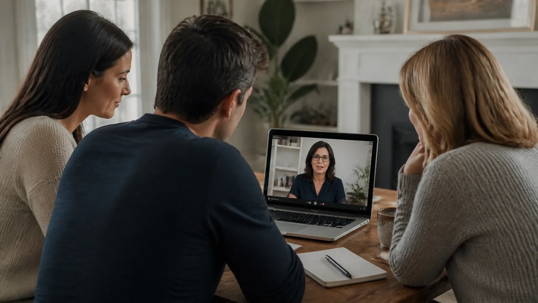 Adult children in New Jersey planning senior home care and aging in place support for a parent during a laptop video call.