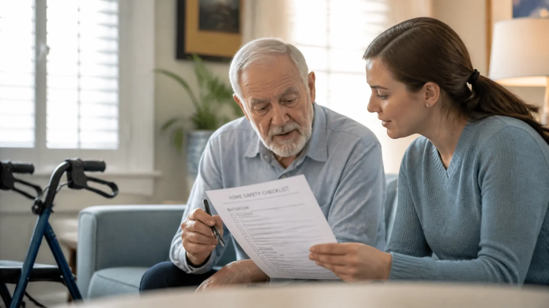 A Northern New Jersey senior and adult daughter review a home safety checklist for aging in place support in the living room.