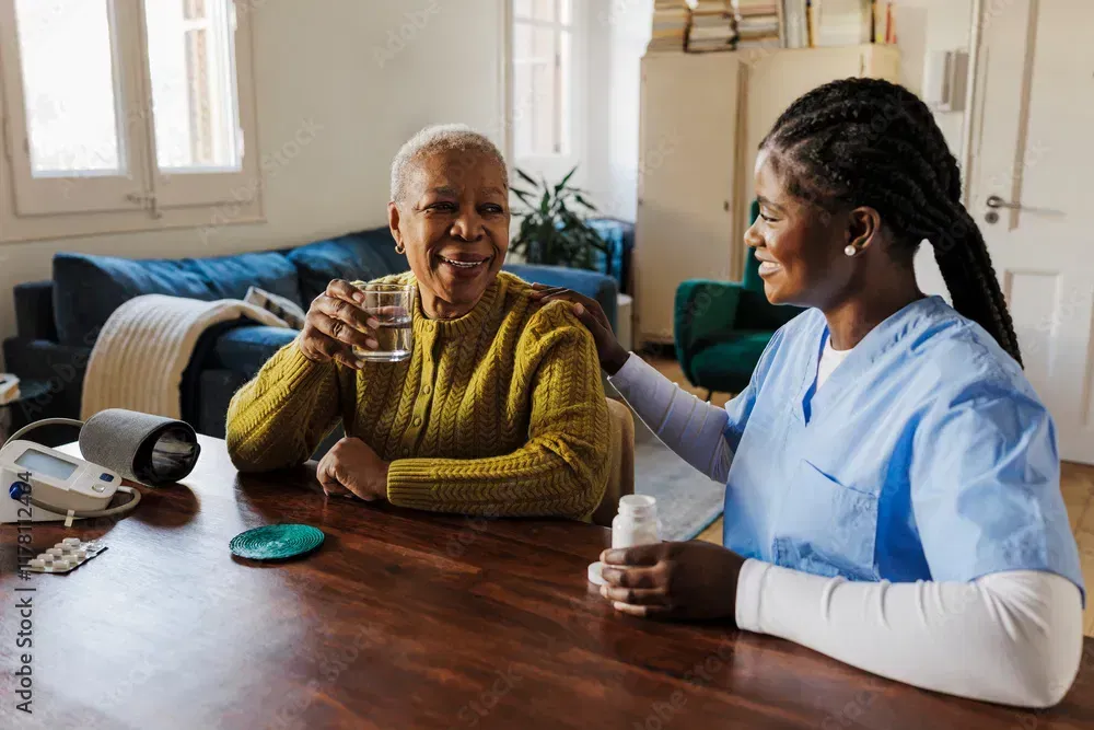 A caregiver and older adult enjoying a familiar activity together during supportive home care