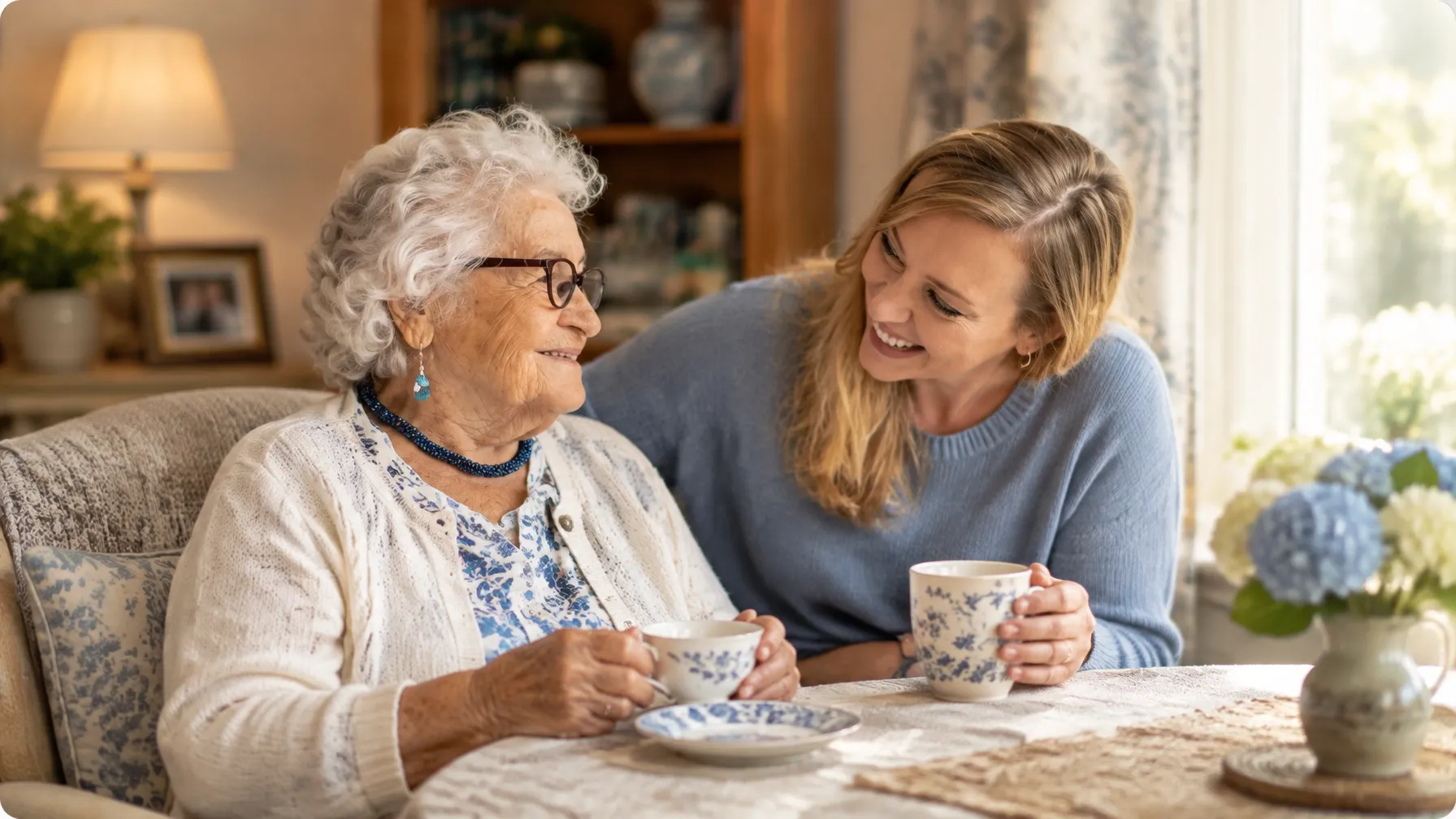 An adult daughter and her aging mother sharing a calm conversation at home