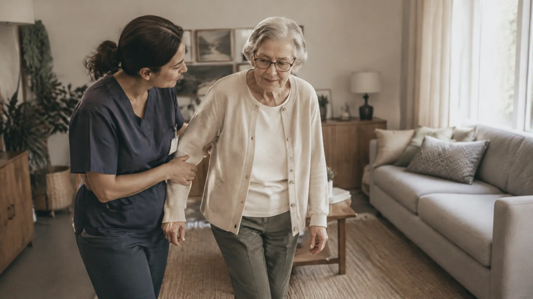 A caregiver offering mobility support to an older adult at home