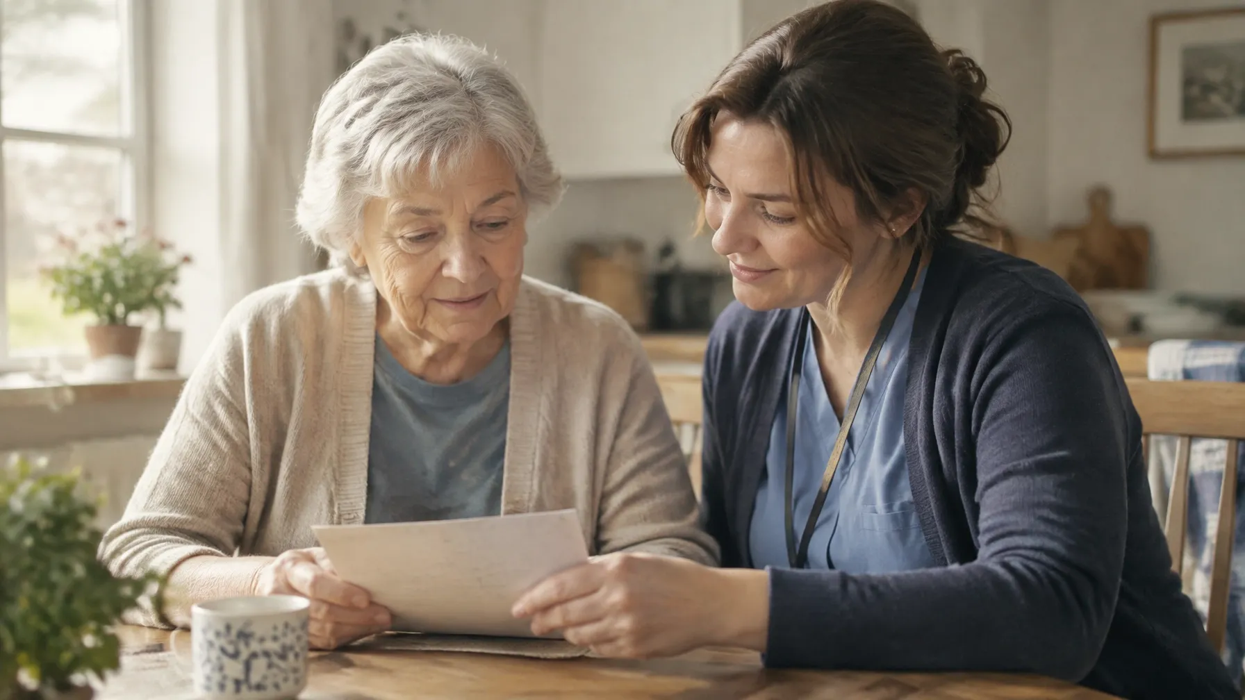 A senior client and caregiver reading together at home
