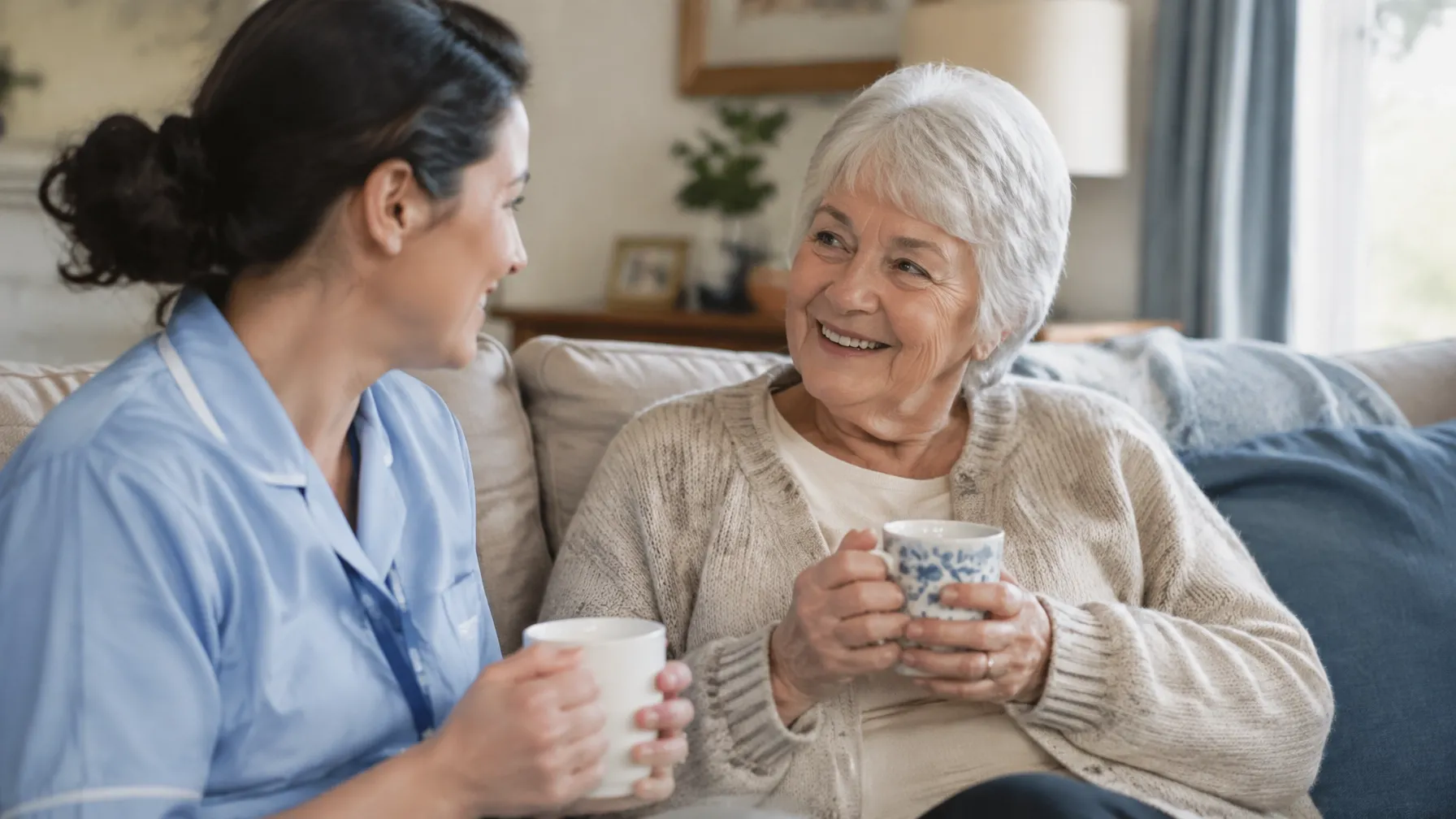 A caregiver and older adult sharing a supportive moment at home